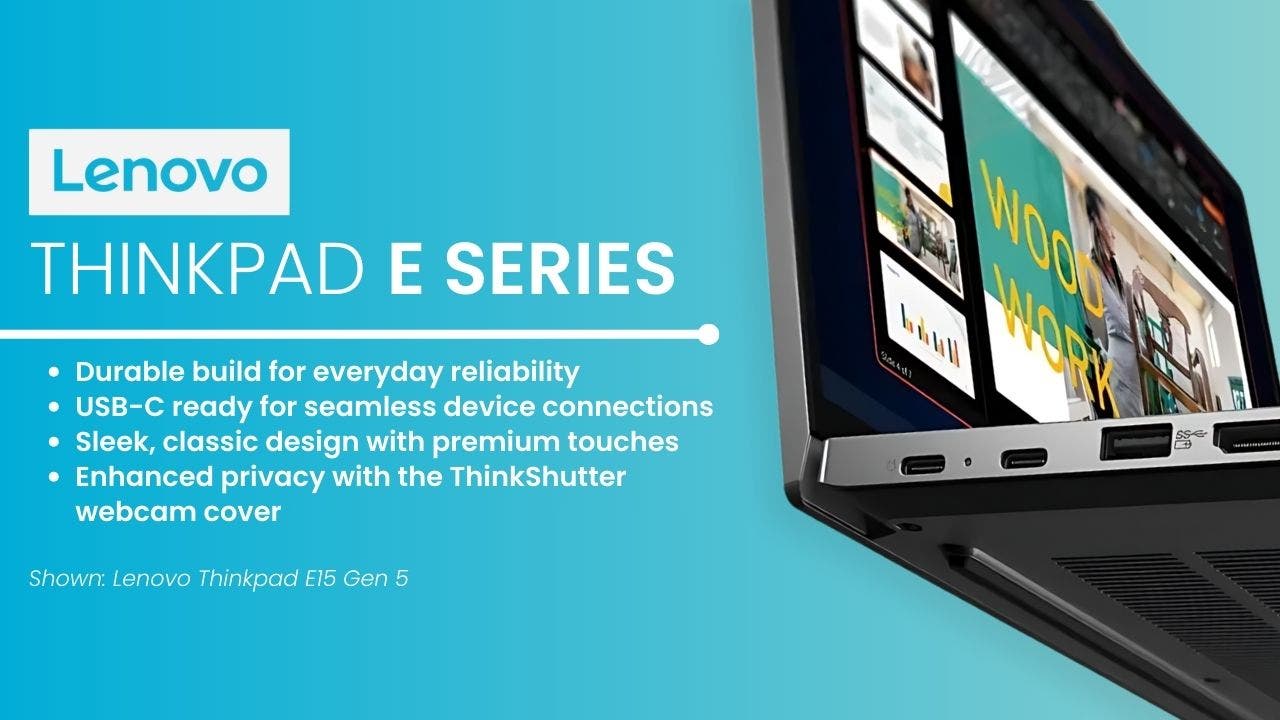 Lenovo Thinkpad E15 Gen 5 laptop on a green and blue gradient background and text