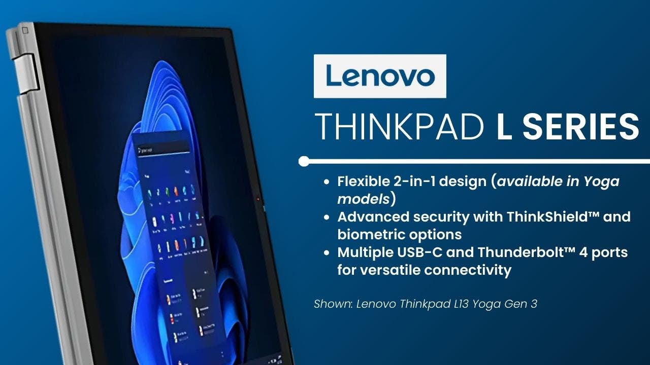 Lenovo Thinkpad L13 Yoga laptop on a light and dark blue gradient background with text