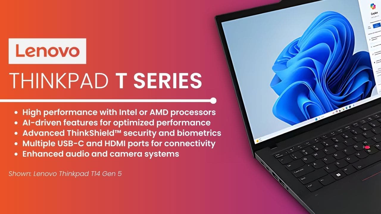 Lenovo Thinkpad T14 Gen 5 laptop on a orange and purple gradiant background with text