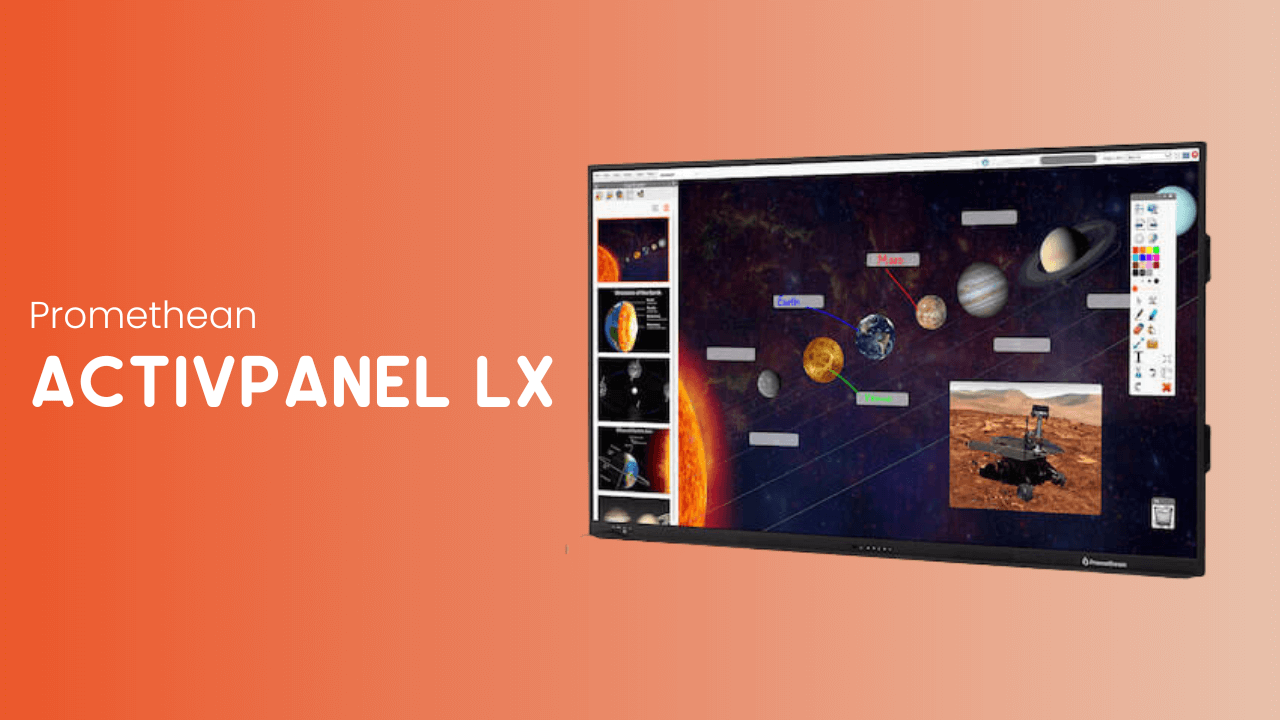 Promethean ActivPanel LX displaying a solar system diagram with interactive tools, set against an orange gradient background.