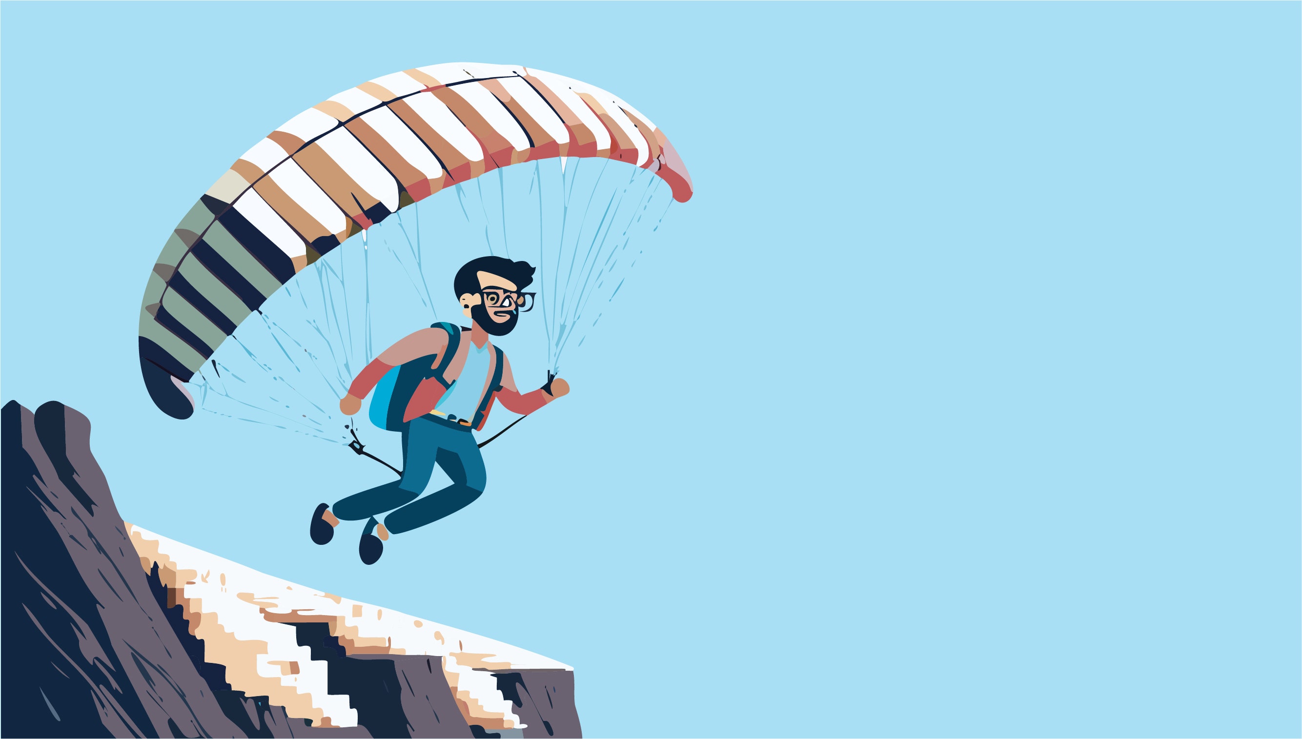 cartoon image of a person jumping with a parachute off a clif